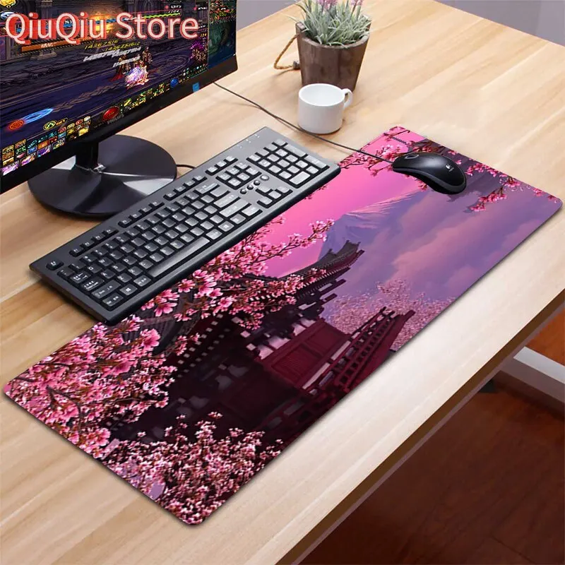 Alfombrilla de ratón Kawaii antideslizante, alfombrilla de ratón para Gamer 90x40 XXL, accesorios de ordenador, teclado, alfombrilla, Anime, flores de cerezo