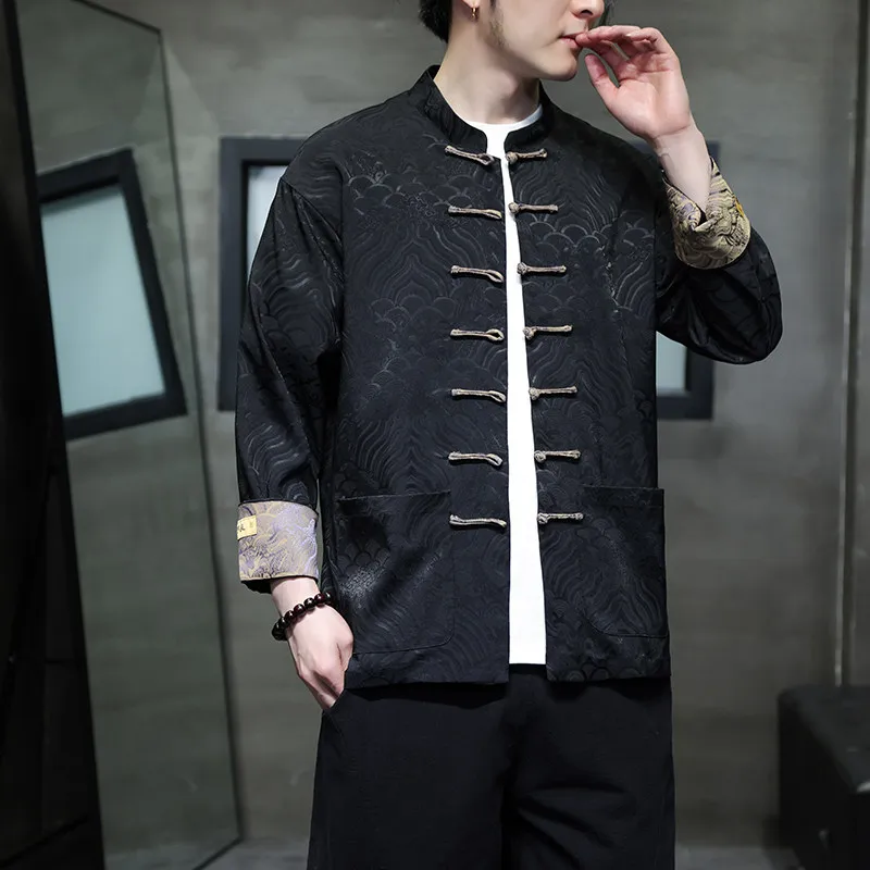 Red Chinese Style Men's Long Sleeve Shirt Jacket Spring Fashionable Casual Top Hanfu Upperwear for Men Standard Fit Floral