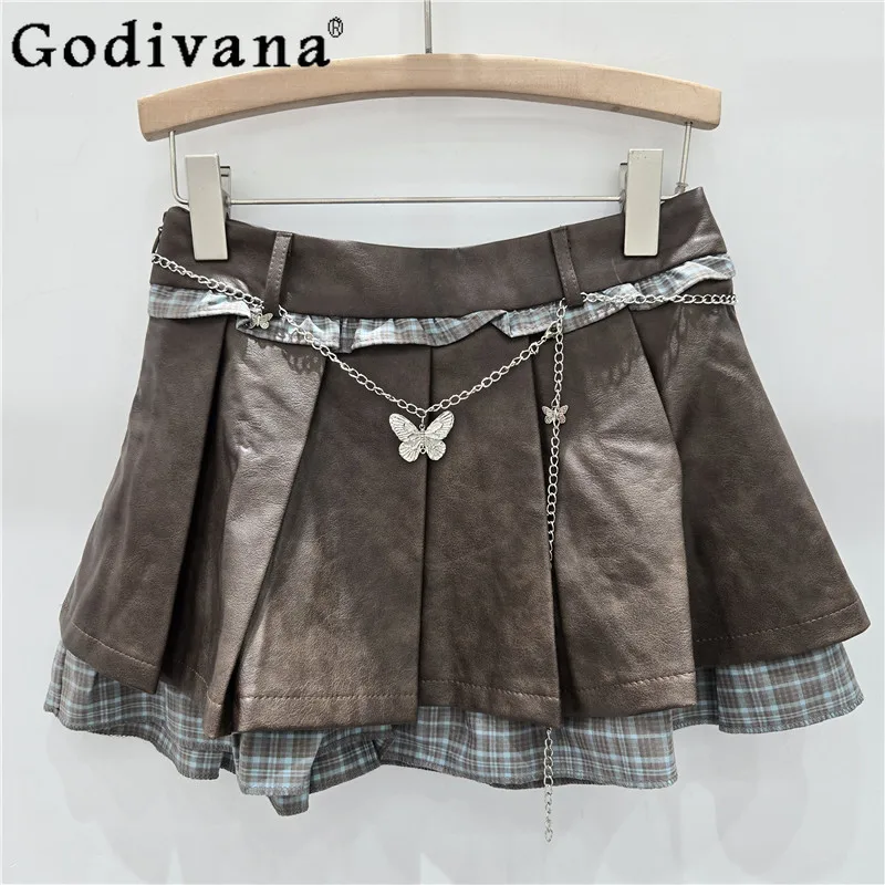 

Korean Sexy Girl Plaid Splicing Belt Chain Pleated Skirts Spring Autumn Sweet Cool Fashion Age-reducing European Leather Skirt