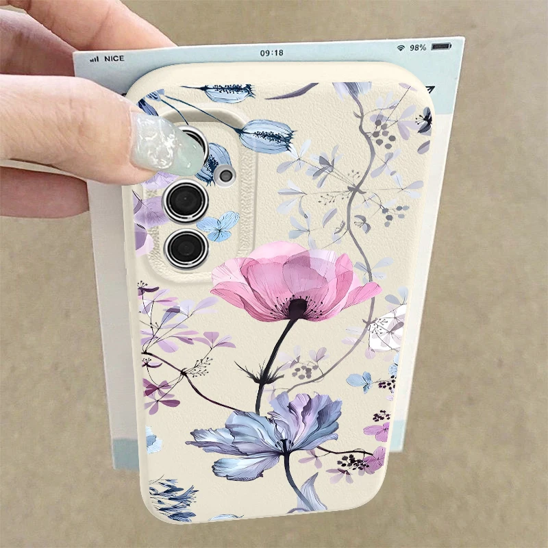 Floral Case For Samsung S26 S25 Ultra S24 FE S23 Plus S22 S21 A15 A16 A17 A35 A36 A37 A54 A55 A56 A57 5G Leather Texture Cover