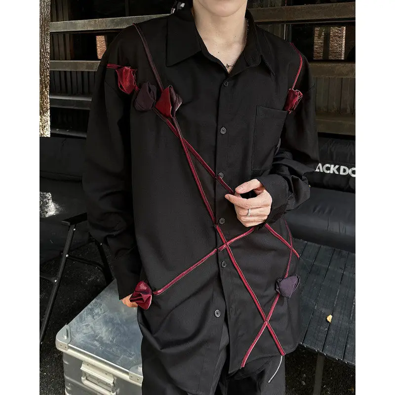 2024 Autumn Men's Dark Night Rose Design Lapel Shirt Men's Handsome High-end Loose Comfort Shirts Trendy Male Long Sleeve Tops