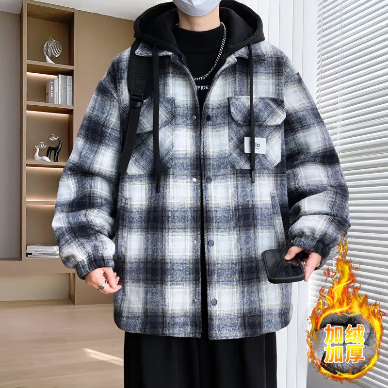 

Men's Plaid Fce Lined Thiened Winter Jaet 2025 New Sle Teenage Youth Casual Outerwear Polyester Fiber Coat