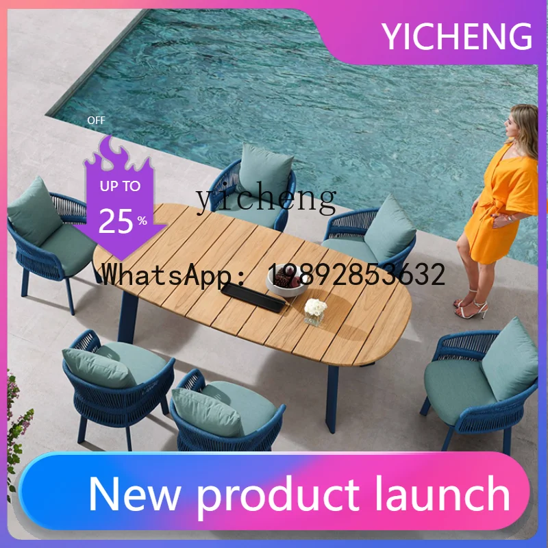 

Outdoor Desk-Chair Courtyard Rainproof and Sun Protection Teak Restaurant Rattan a Table with Six Chairs