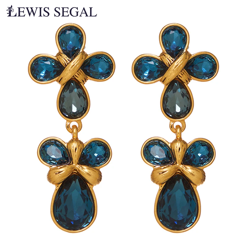 LEWIS SEGAL Crossed Dark Sapphire Drop Earrings for Women Independent Girl Luxury Medieval Style Fine Jewelry 18K Gold Plated