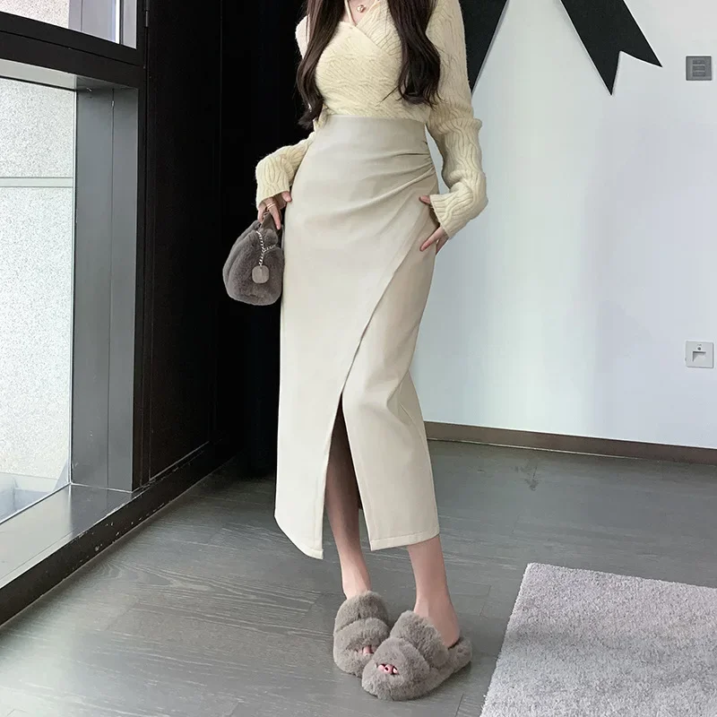 

Winter Sexy Front Slit Beige Leather Long Pencil Skirts High Waisted Slim Long Coffee PU Skirts