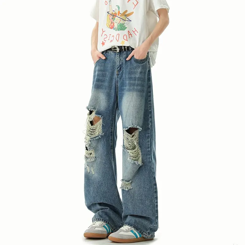 

New Spring/Autumn Fashion Solid Color American Retro Straight Leg Ripped Jeans Men's Casual Loose Fit Sports High Quality Jeans