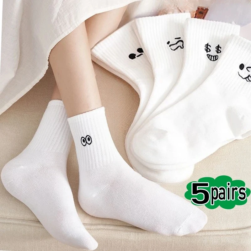 5pairs New Korean White Socks Women Cute Expression Cotton Solid Spring Summer Funny Mood Sport Middle Tube Short Sock for Girls