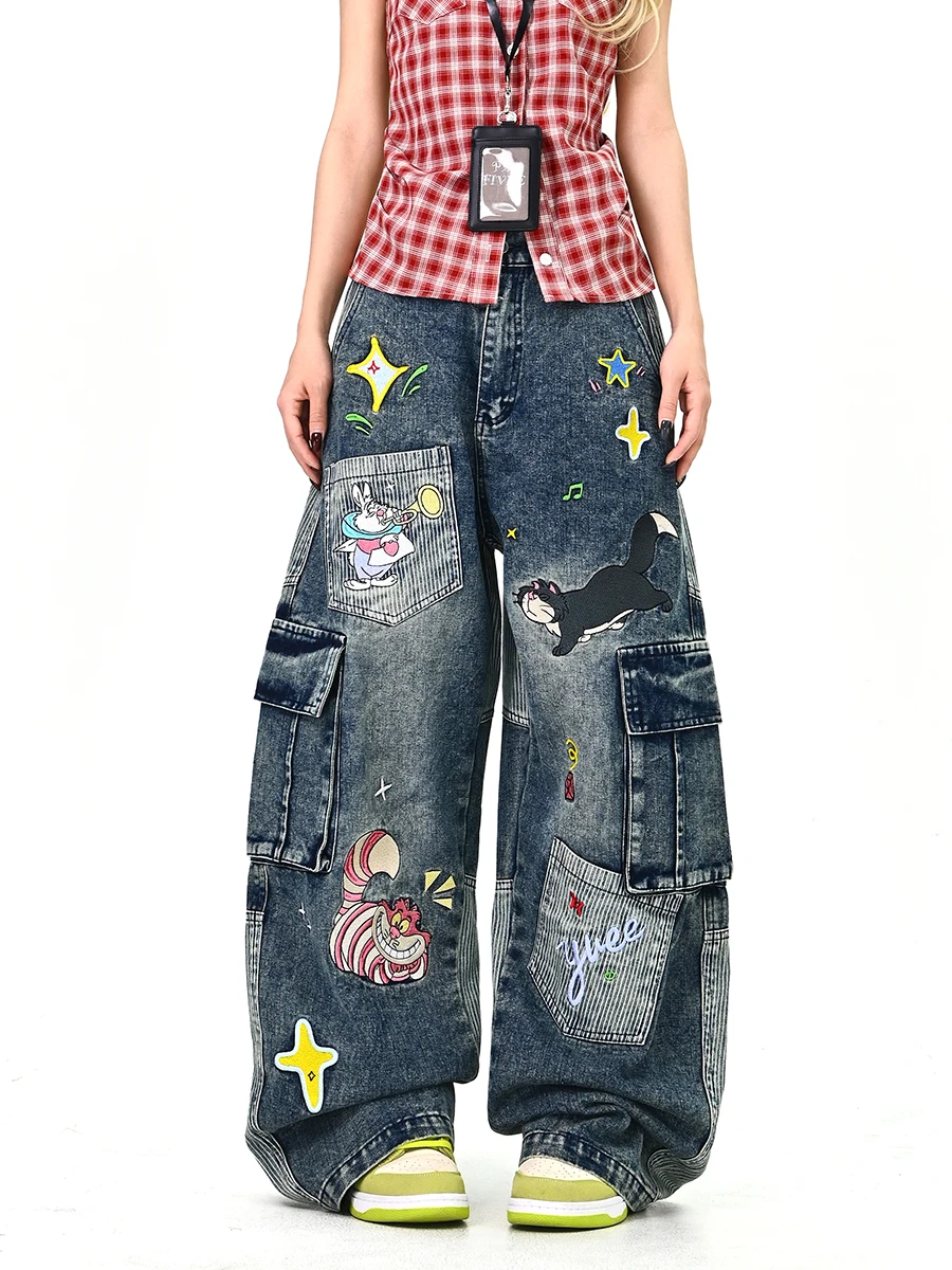 

Cartoon Utili Wide Leg Jeans Women's Spring 2026 Loose BF American Street Sle Multi-ket Workwear Denim Pants