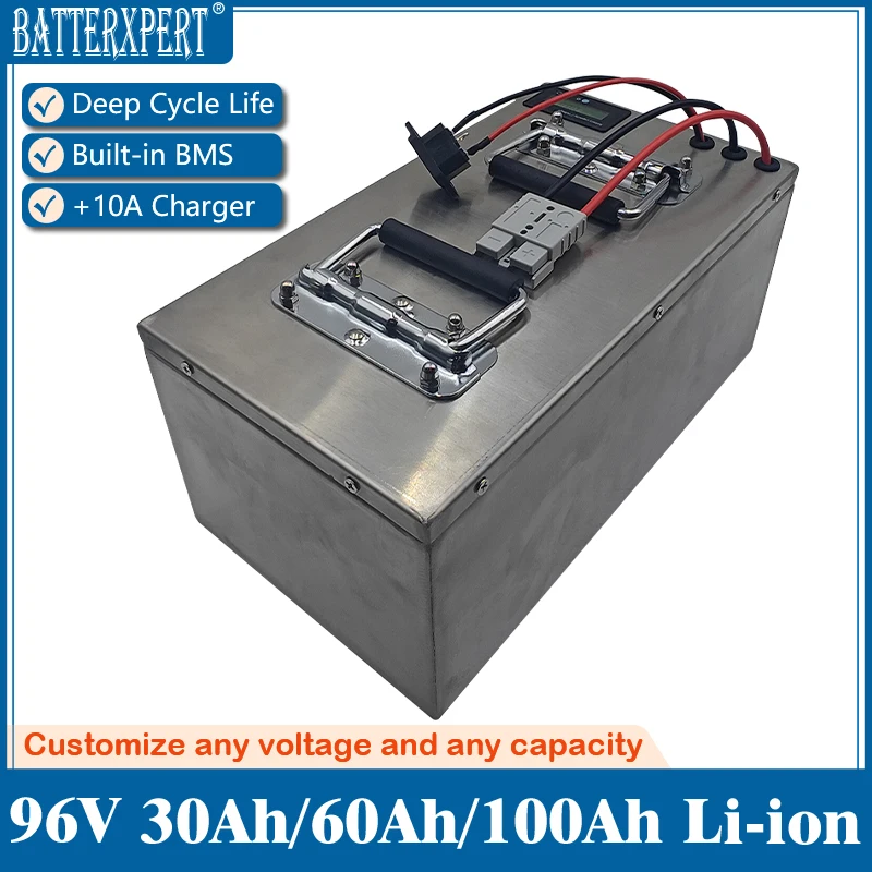 Steel case 96V 30Ah 60Ah 100Ah lithium ion battery pack BMS 26S for larger eletric motorcycle car mortorhome + Charger