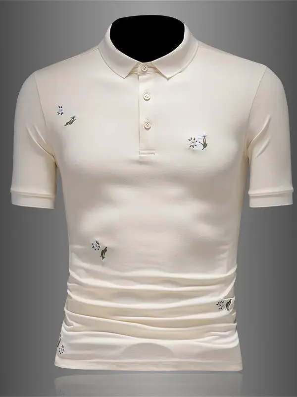 

Мужская модная рубашка Slim Fit с коротким рукавом в корейском стиле, летняя новинка, с вышивкой, трендовая, универсальная, из смесового хлопка и полиэстера.