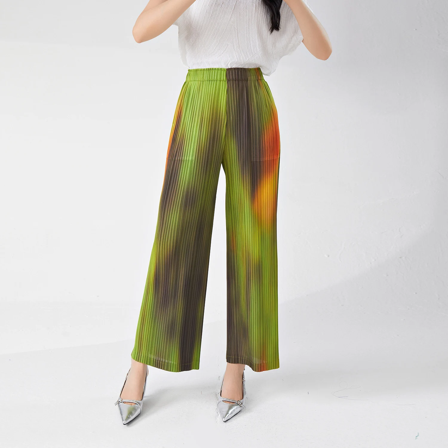High Quality Miyake Women High Waist Pleated Casual Pants Fashion Wide Leg Design New Summer Style Printed Straight Pants
