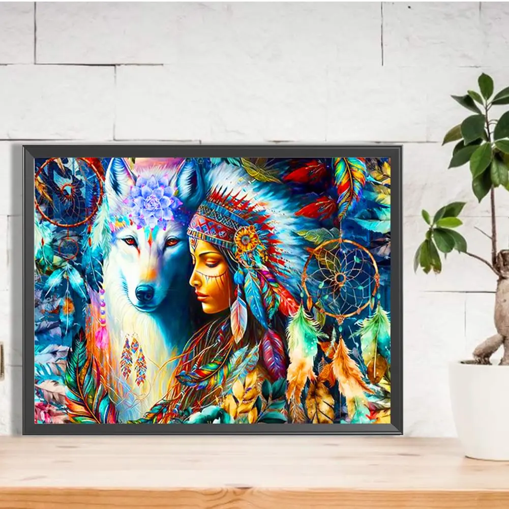 Indian And Wolf Diamond Painting Landscape Mosaic Embroidery Diamond Puzzle DIY Rhinestone Children\'s Room Decoration Gift