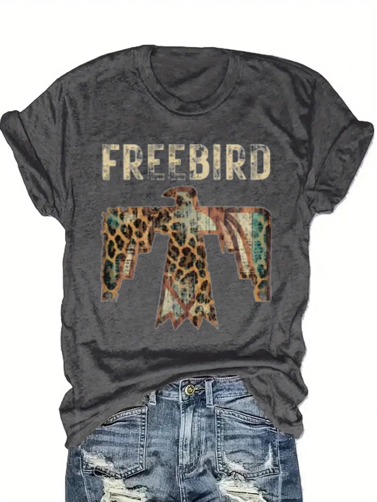 

Женская футболка больших размеров с короткими рукавами Freebird с принтом в виде леопардового птичьего узора, удобный и универсальный стиль на каждый день, летний вариант.