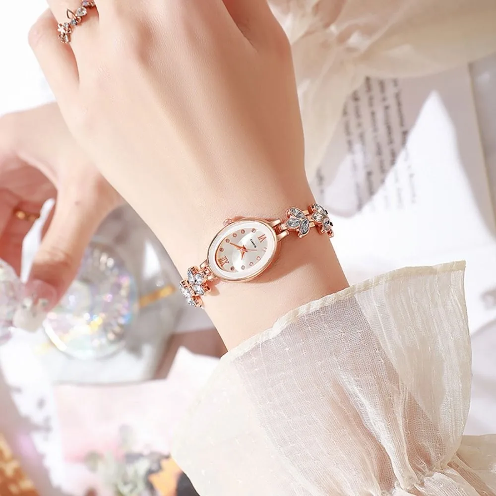 3-Leaf Clover Water-Resistant Quartz Ladies Watch Bracelet-Style Alloy Wristwatch Simple Elegant Analog Watch Girls