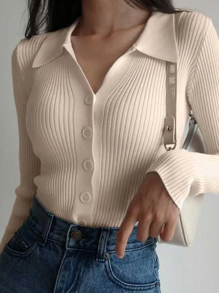 AOSSVIAO 2024 Ladies Buttons Sexy V Neck Long Sleeve POLO Neck Knit Cardigan Sweater Women Lapel Slim Tops