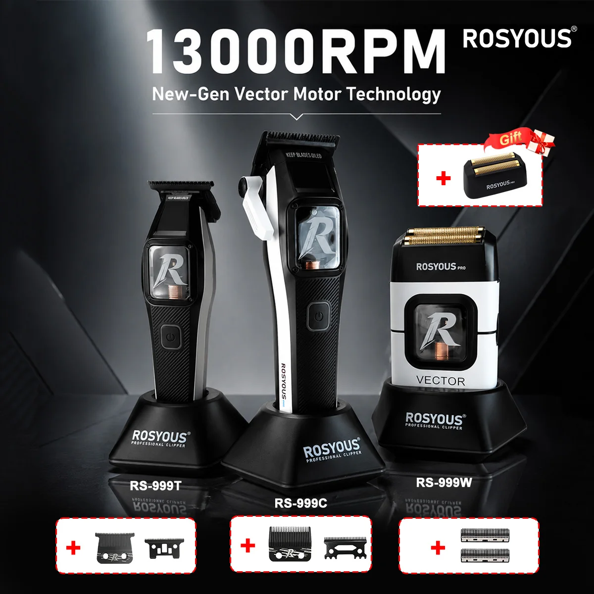 Image of ROSYOUS RS-999C Profi-Haarschneidemaschine mit Bürstenlosem Motor und Dock, Metallgehäuse, Professionelle Schneidemaschine für Herrenfriseure
