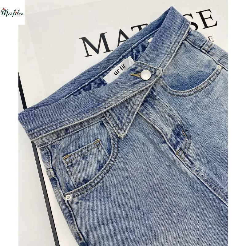 Mcefile Casual Fashion Straight Leg Women's Jeans Denim Bottom Y2K Harajuku Boyfriend Long High Waist Baggy Jean Fall Pants Blue