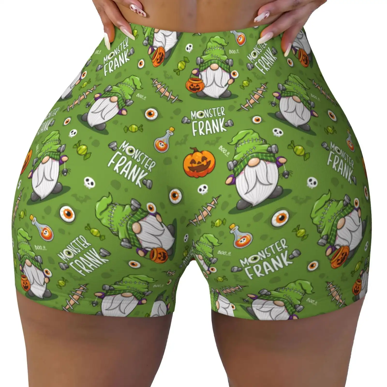 Green Halloween Monster Gnome Print Workout Shorts for Women Seamless Soft Smooth Gym Yoga Scrunch Active Shorts