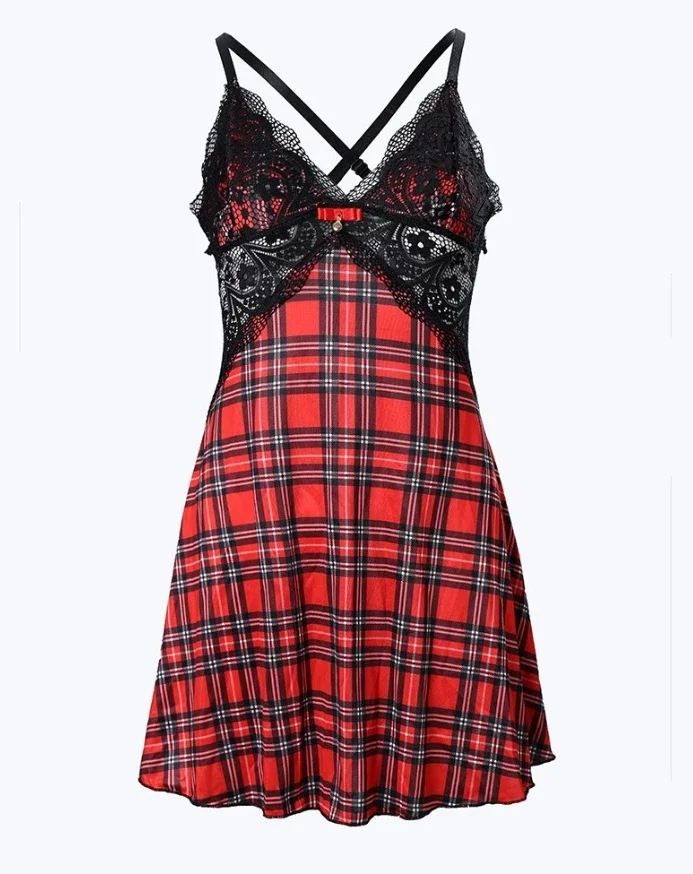 CPSYMYM 여성 드레스 여름 격자 무늬 프린트 Crisscross Backless Sleep Dress 대비 레이스 플 런지 민소매 잠옷 잠옷