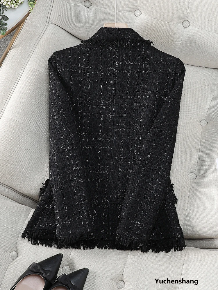 แฟชั่นสีดําสีขาวลายสก๊อตผู้หญิง Blazer สุภาพสตรีหญิงเสื้อแจ็คเก็ตลําลอง