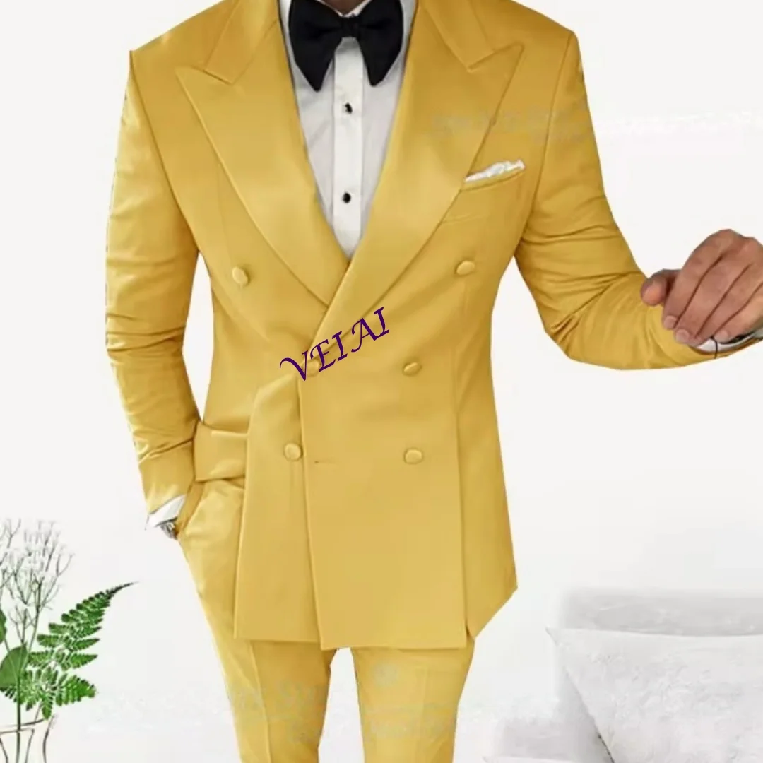 

CustomizedFashion Men Festival Suits Orange 2025 New Double Breasted Tuxedo with 2 Splits on Front Shiny Satin Peak Lapel Blazer