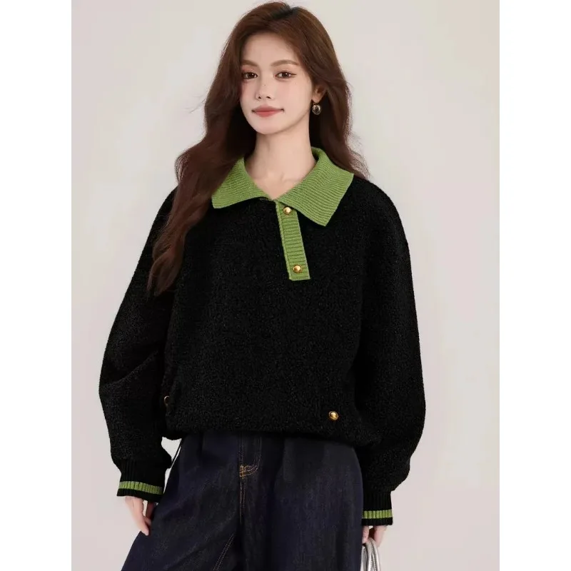

Women's Plus Size Fleece Lined Sweater Oversized Black Green Contrast Polo Collar Casual Warm Pullover Sweatshirt
