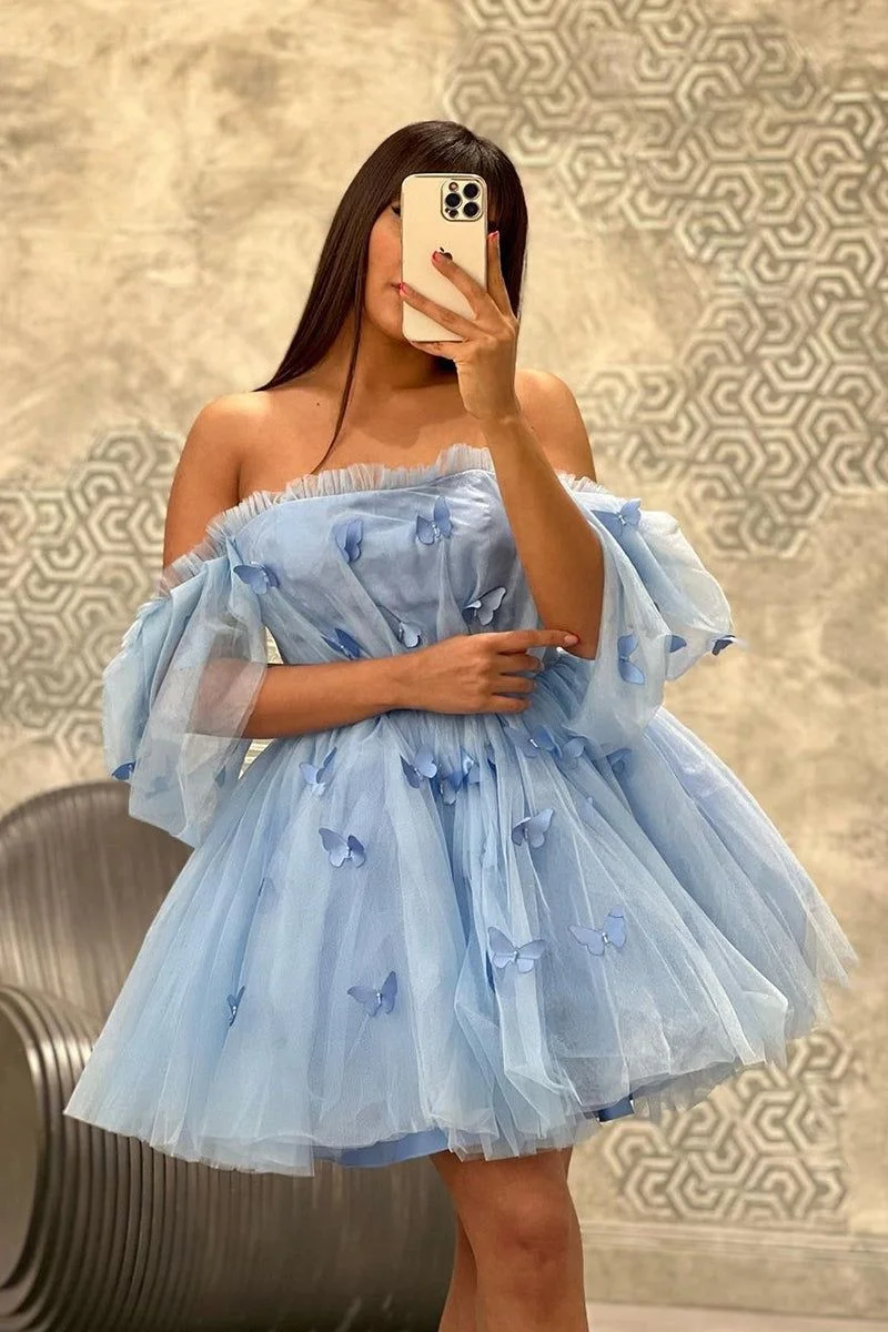 

Sky Blue Butterflies Tulle Off the Shoulder Mini Prom Dresses Boat-neck A-line Pleated Homecoming Dress Girl's Lovely Ball Gowns
