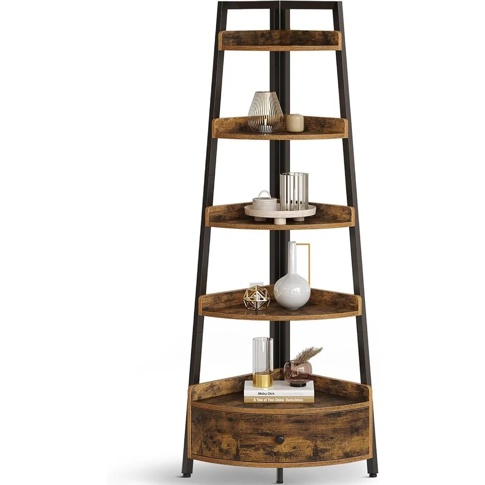 

Семиугольная полка с 5-уровневой угловой книжной полкой, отдельно стоящая угловая полка, книжный шкаф в деревенском коричневом стиле
