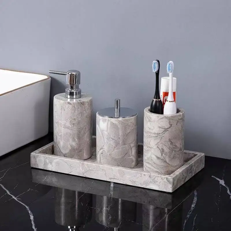 Natural Gray Marble Bathroom Accessories Set - Modern Stone Vanity OrganizeHotel Style Home Decor