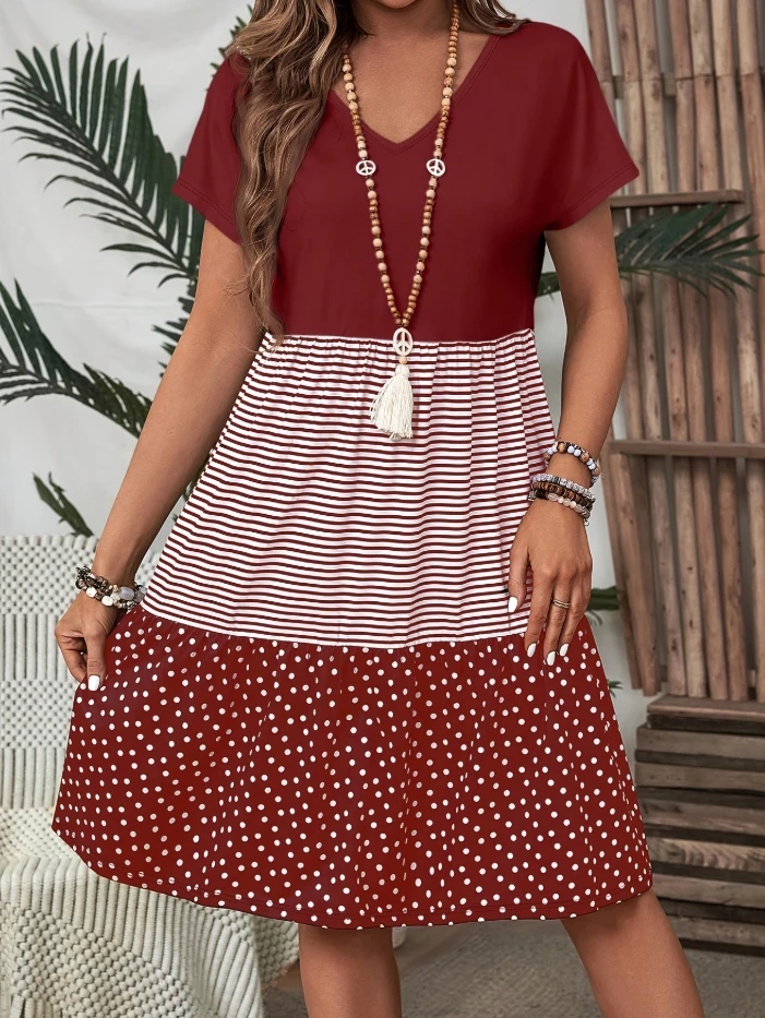 V-Neck Short Sleeved Striped Polka Dot Printed Dress for Women Elegant Women's Loose Dresses