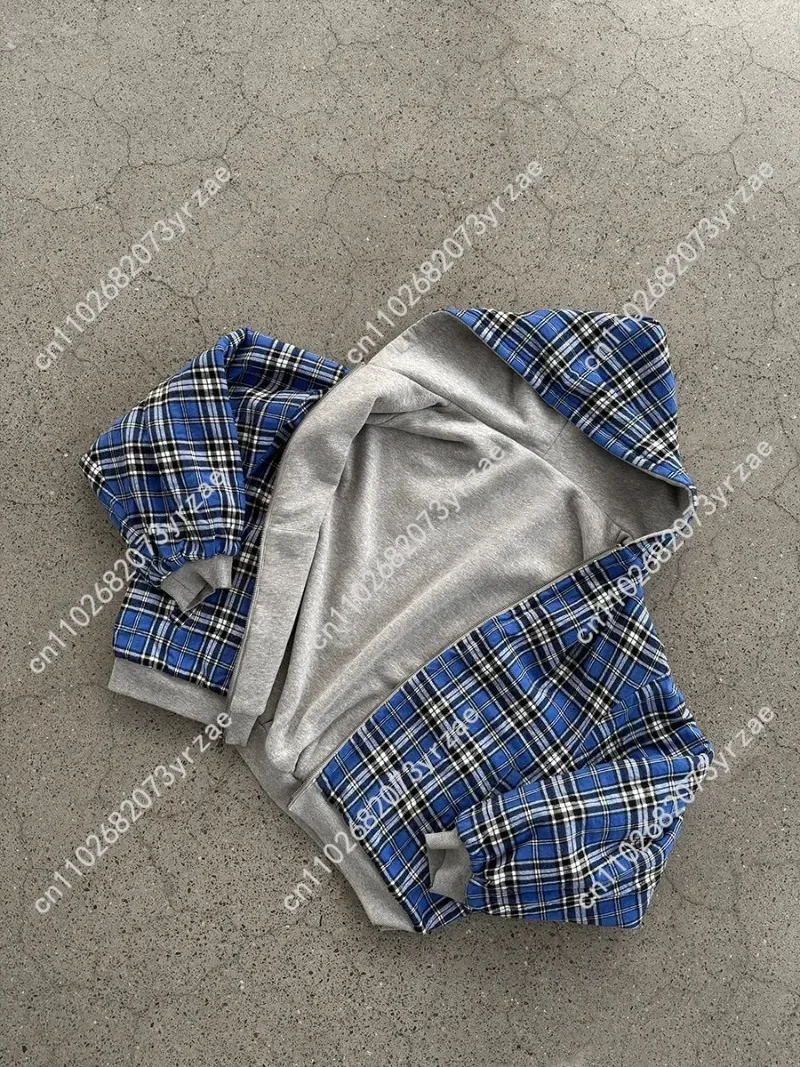 

Повседневная мужская толстовка на молнии в стиле ретро в готическую синюю полоску в клетку спереди и сзади, две толстовки 90-х годов, хип-хоп, свободная серая хлопковая толстовка