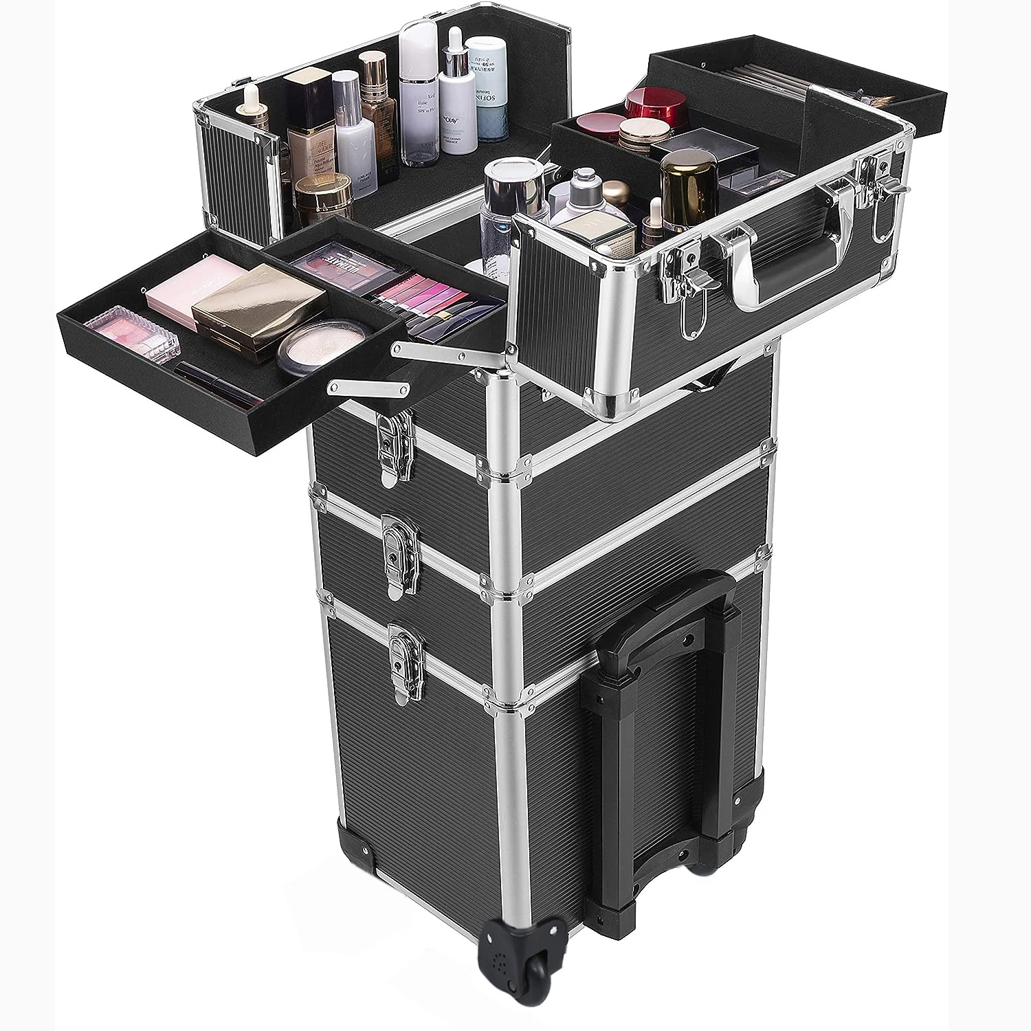 4 in 1 Trolley Hairdressing Makeup Beauty Nail Case Art Box Cosmetics Suitcase With Wheels