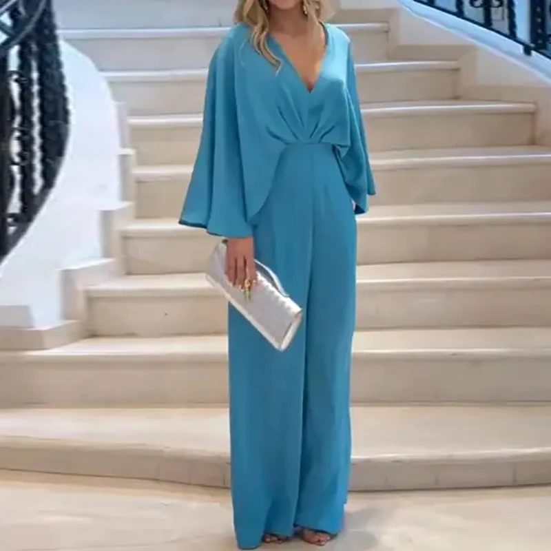 

Модные комбинезоны с двойным V-образным вырезом и рукавами «летучая мышь», элегантные, с завышенной талией, однотонные, повседневные, весенне-летние, новые женские комбинезоны для офиса