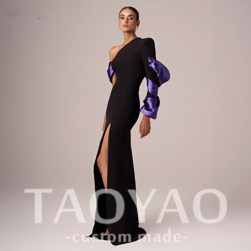 

Elegant Black Evening Dresses Mermaid Side Slit One Shoulder Ruffles Long Sleeves Party Dress 2025 Prom Gowns Customized