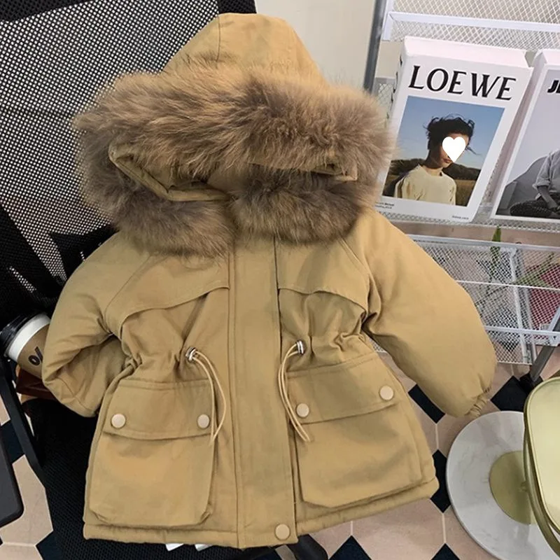 Girls Hooded Cotton Coat 2024 Winter New style Plus Velvet Thickening Windbreaker Down Jacket Baby Big fur Collar Warm Coat