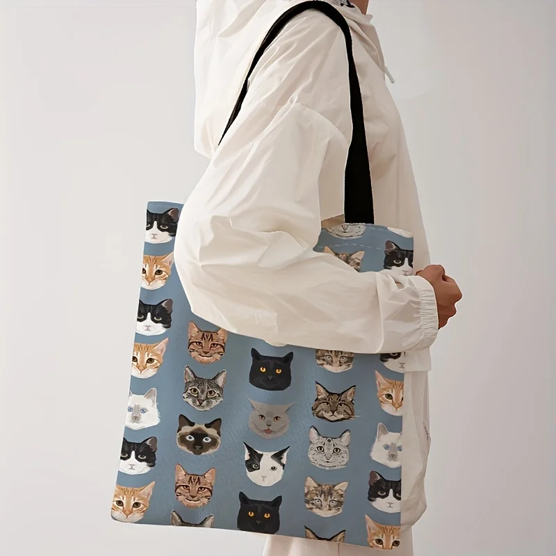 Cat Pattern Double-Sided Print Casual Tote Bag Reusable Fashionable Multifunctional Handbag Letter Print Shopping Storage Pouch