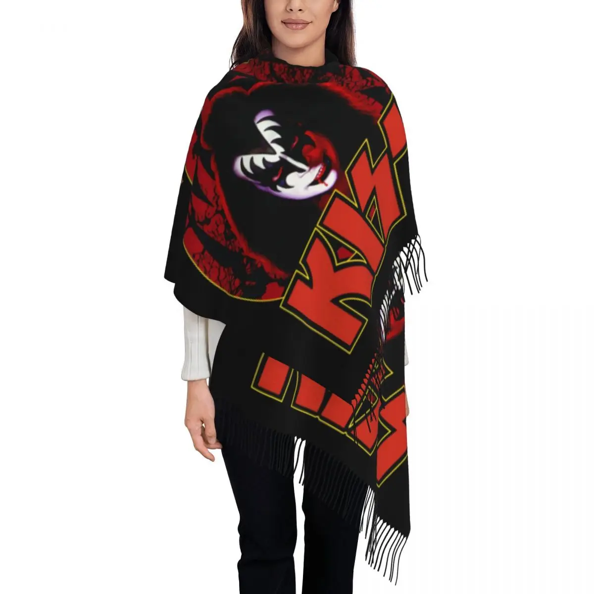 

Изготовленный на заказ шарф с кисточками KISS Band Demon, женские мягкие шали с рок-металлической лентой, женские зимние шарфы