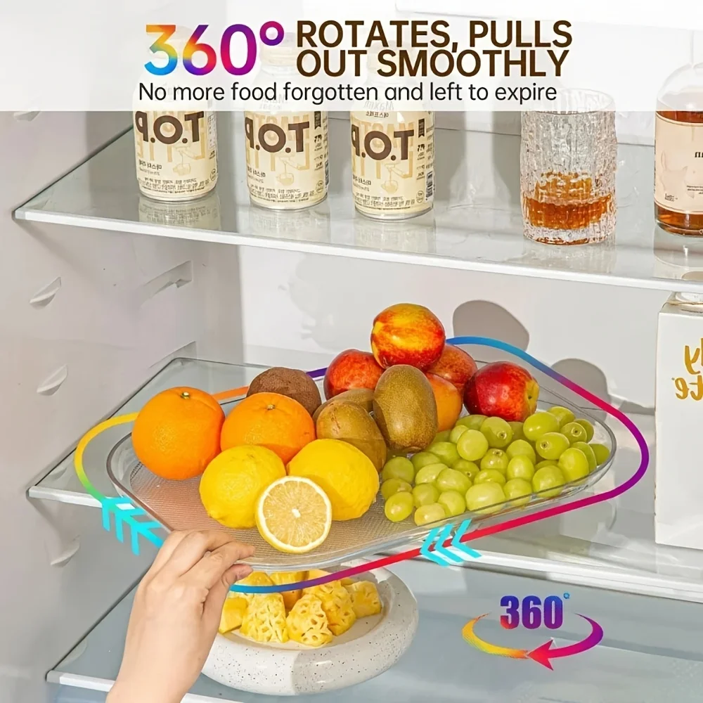 1 unidade 360 °   Bandejas giratórias Lazy Susan para geladeira, organizador retangular para armário de geladeira, organizadores e armazenamento para geladeira