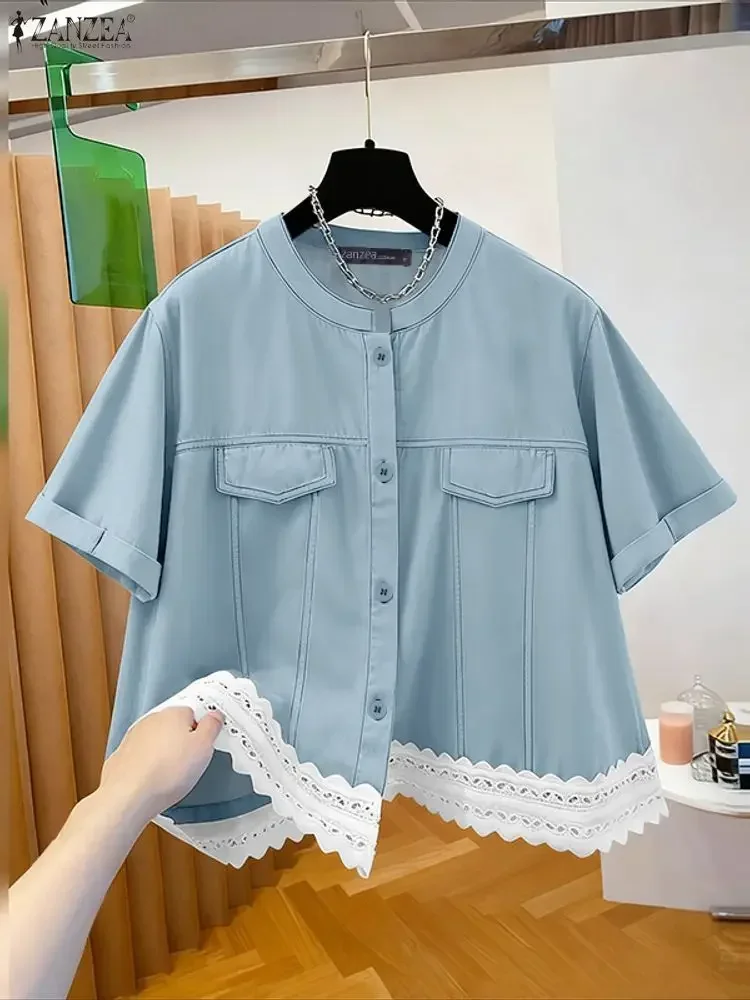 2025 ZANZEA Camicie da donna estive Moda manica corta in pizzo Patchwork Camicetta Bottoni eleganti Tunica allentata casual Top Blusa vintage