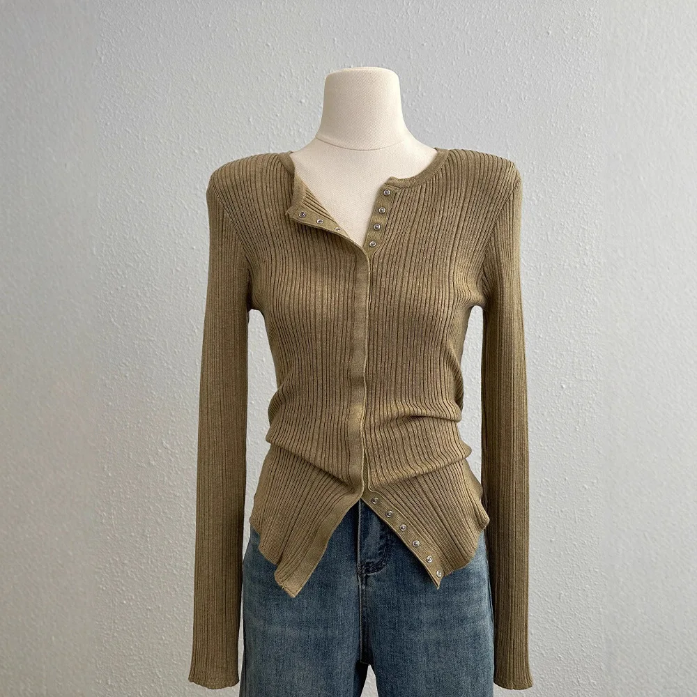 Women Premium Texture Knit Long Sleeve T Shirt Autumn Fashion Slim Fit Versatile Base Top Unique Open Front Knit Blouse Stylish 4