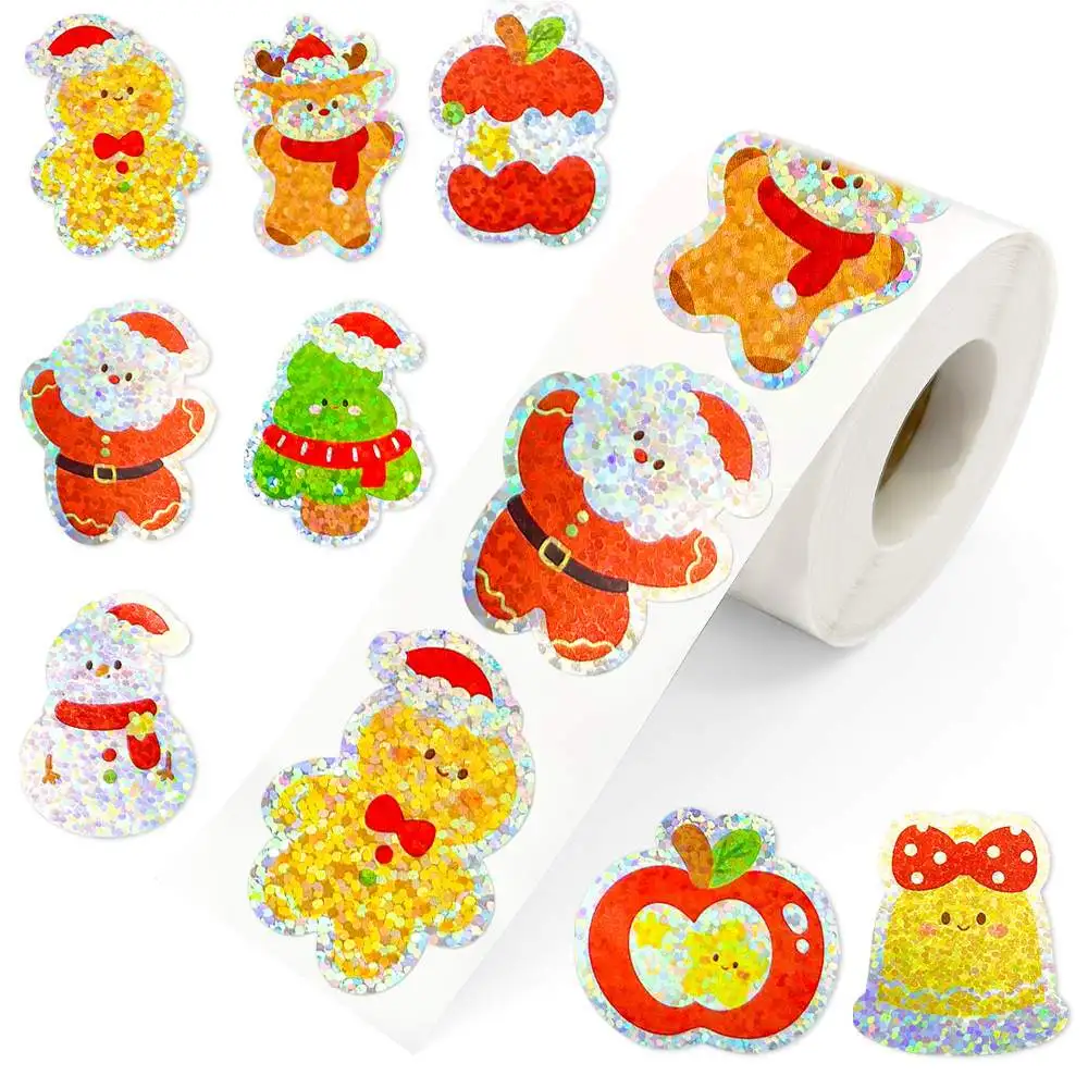 500Pcs Holographic Christmas Stickers Roll, Cute Gingerbread Man Santa Stickers, Gift Box Sealing Labels for Xmas Scrapbook DIY