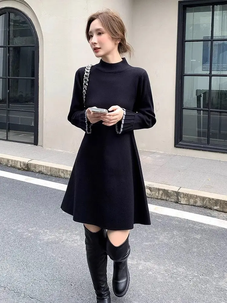 Suéter de Camada Base Tricotado Bla Hepburn Sle Dr, Saia A-Line de Cintura Alta, Tecido Elástico, Longa, para Deslocamento Urbano