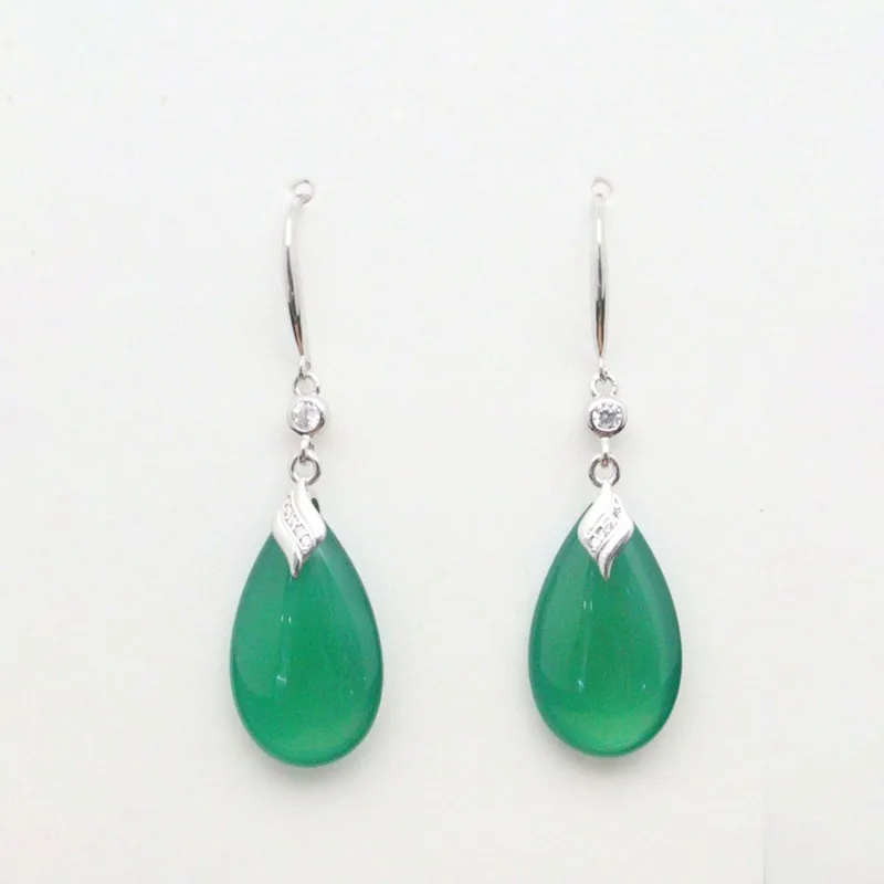 Real Solid 925 Sterling Silver Dangle Women Green Chalcedony Peach Tip Water Drop Earrings