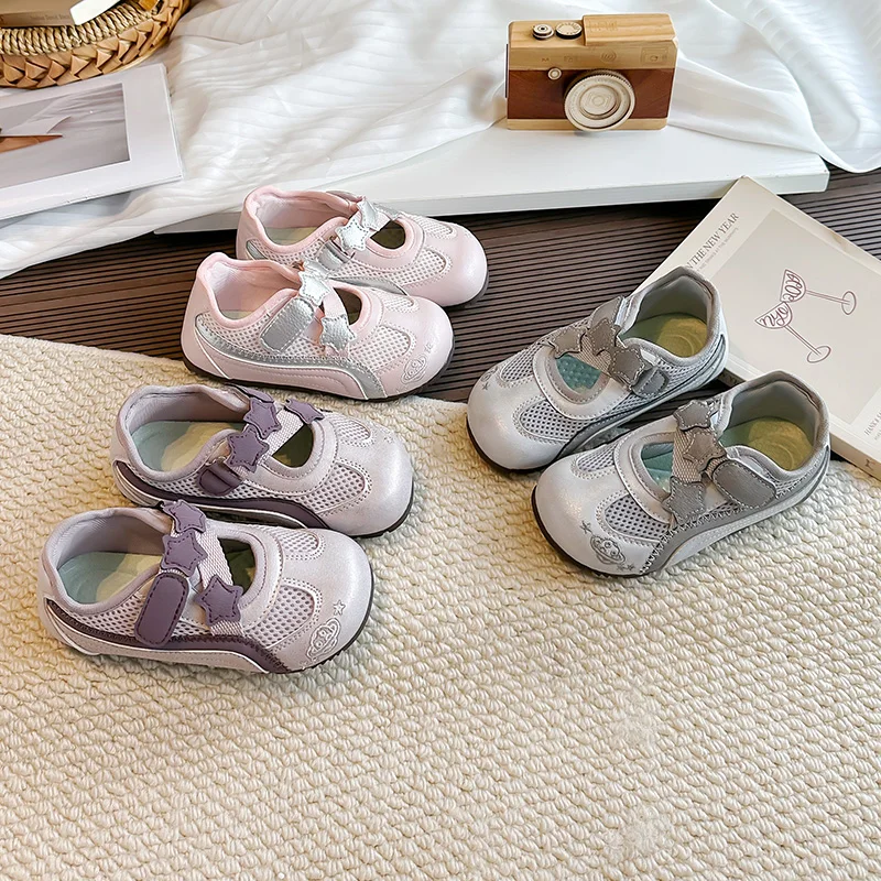 Girls Cute Star Decor Mary Jane Sneakers Breathable Mesh PU Upper Hook and Loop Strap Non Slip Sole Toddler Daily Casual Shoes