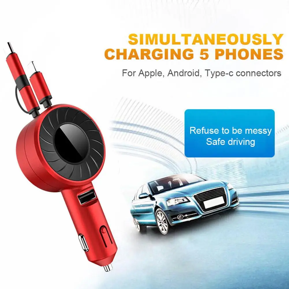 

3 in 1 Car Charger USB Cable Retractable Fast Charger Adapter USB Type C Car Quick Charger Micro USB for Samsung iPhone V5L6