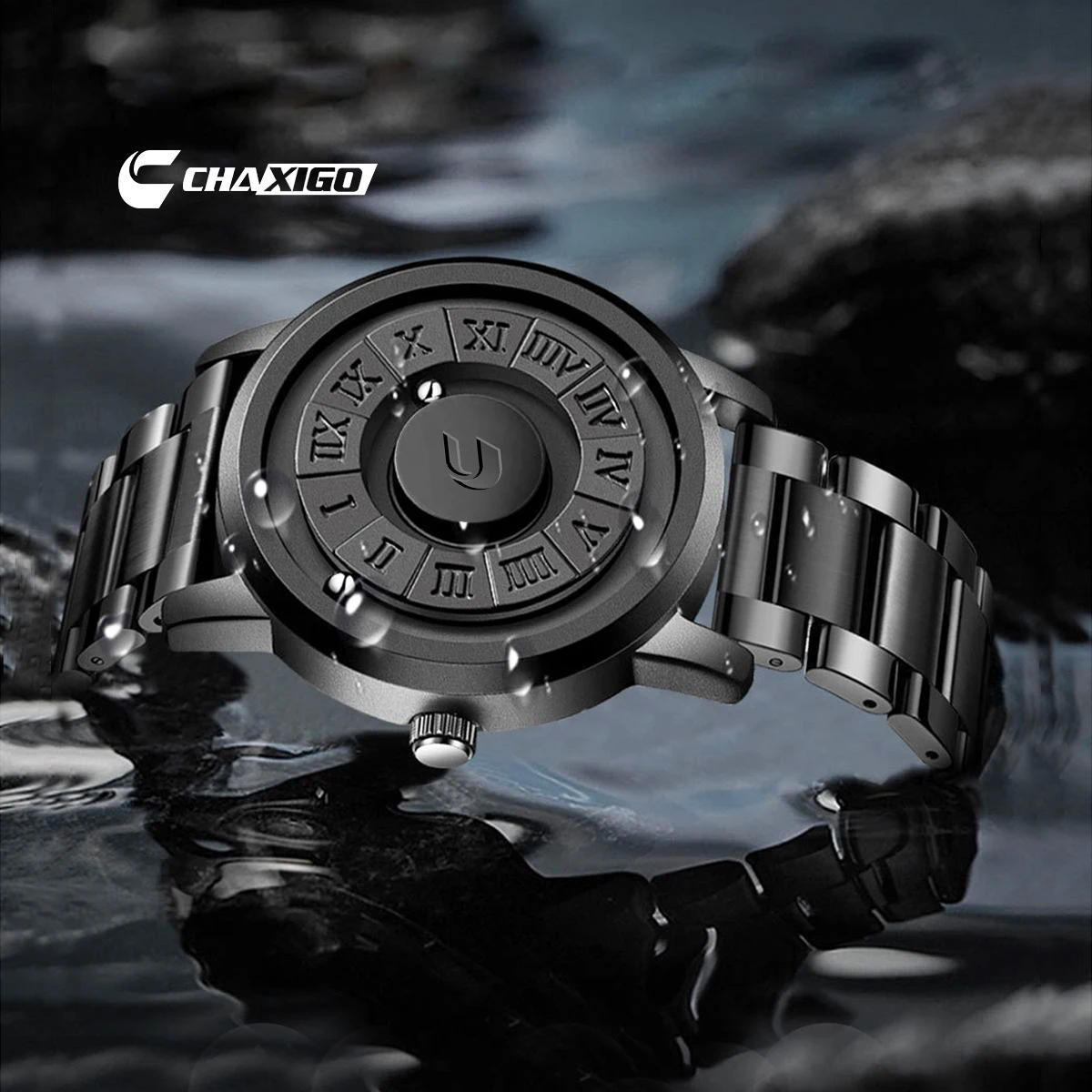 Men's black watch, CHAXIGO, magnetic suspension ball timer, large dial, waterproof, trendy and fashionable men's wristwatch