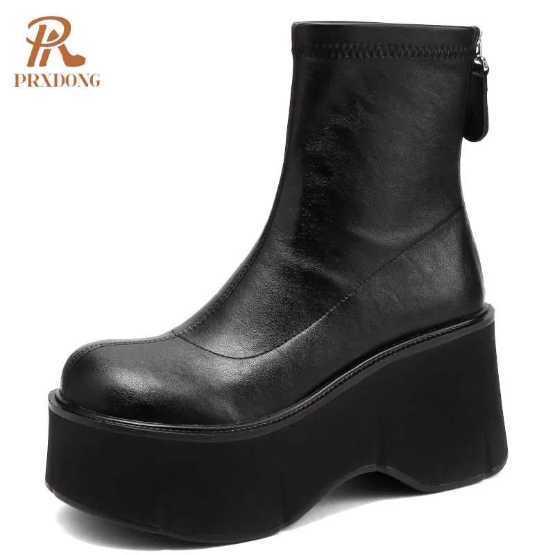 PRXDONG Brand 2024 New Autumn WInter SHoes Chunky High Heels Thick Platform Punk Black Brown Dress Party Lady Ankle Boots 34-39