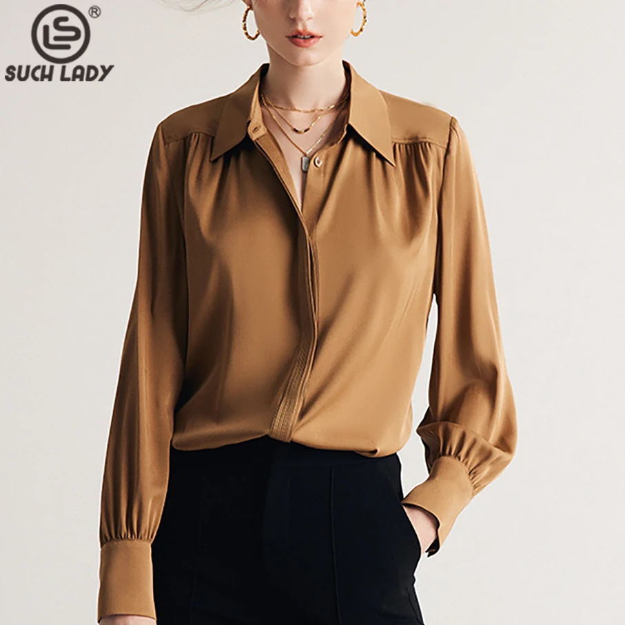 

90% Natural Heavy Silk 10% Spandex Women's Shirt Turn Down Collar Ruched Long Sleeves Elegant Designer Blouse Tops