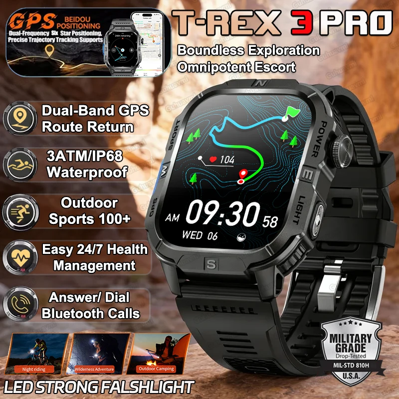 

2026New Military AGPS Smart Watch 540Mah Battery Fitness Tracking 3ATM Waterproof Tactics Sport Flashlight call Bracelet For Men