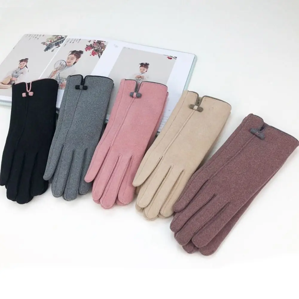 

Solid Color Bow Driving Gloves Plus Velvet Wool Mittens Plush Gloves Full Finger Gloves Female Gloves Touch Screen Gloves